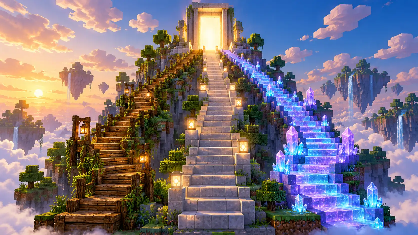 Tres escaleras de bloques de distinta antigüedad, de madera vieja a piedra pulida y cristal luminoso, que suben hacia una puerta brillante